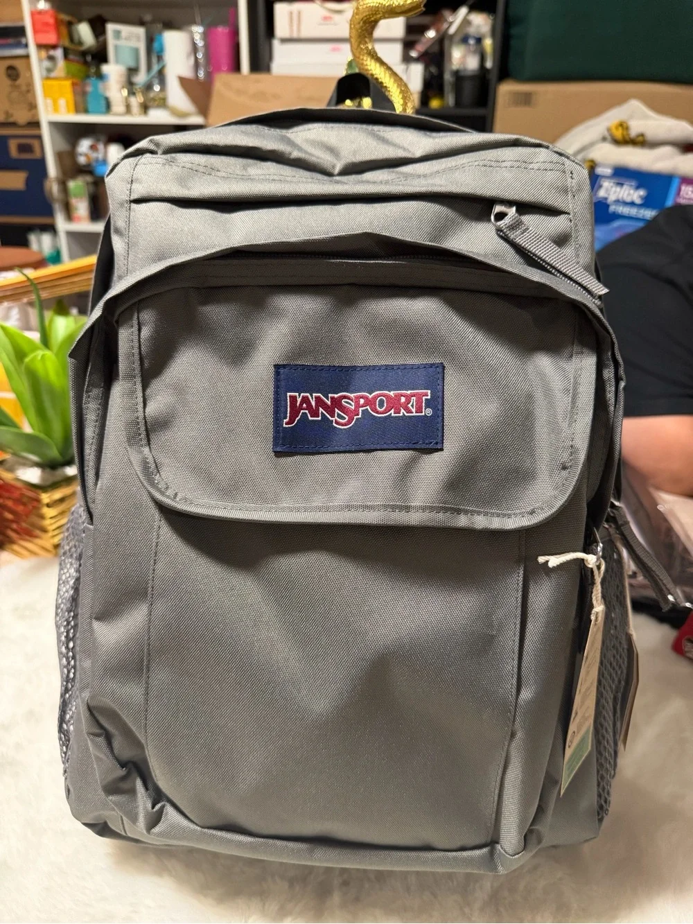 Jansport Gray Backpack with Front Pocket and Logo Patch